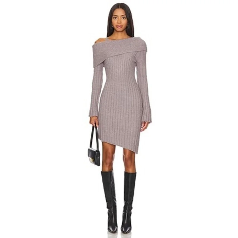 House of Sunny Chunky Rib Dress School Grey Off Shoulder Asymmetrical Sweater 10